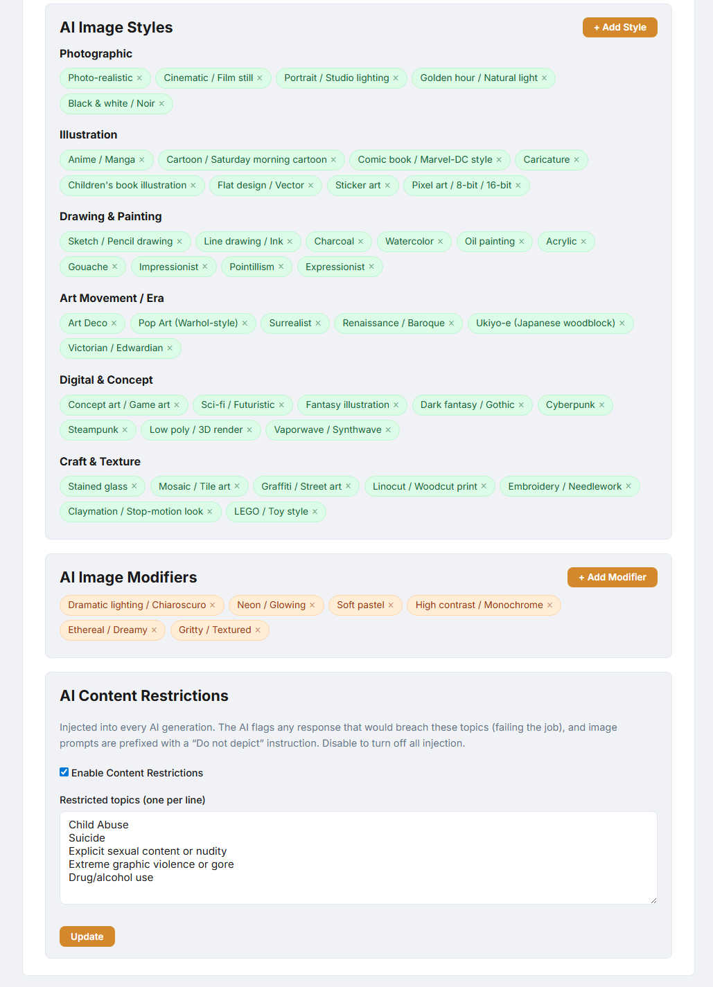 Admin AI settings page, part 2